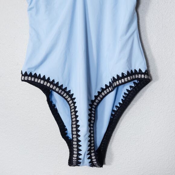 Bar III Women’s Blue One Piece Swimsuit Y2K Resortcore Crochet Trim Size Large - Picture 5 of 9